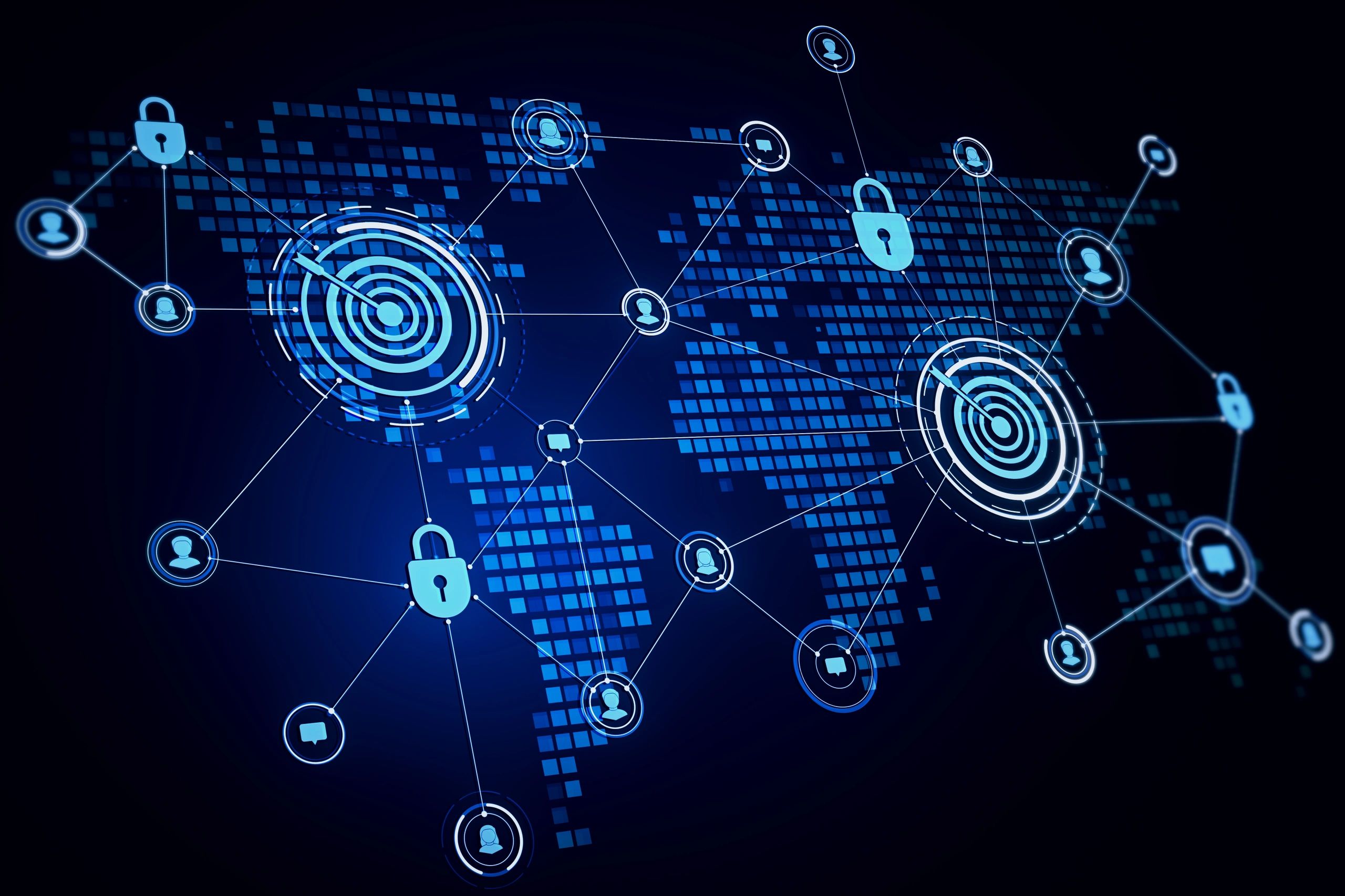 Global cybersecurity network visualization with digital lock icons